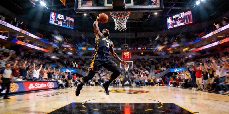 NBA篮球季后赛精彩瞬间，球员扣篮动作